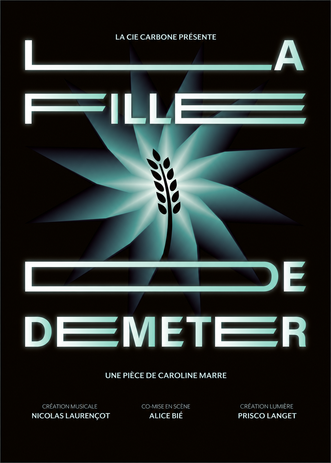 Affiche de La fille de Déméter : un épi de blé au centre de rayons vert d’eau sur fond noir.
